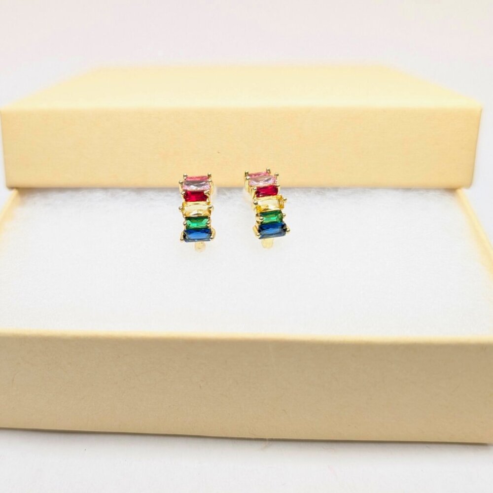 Golden Rainbow Rhinestone Gem Multicolor CZ Gold Plated Small Earrings - Picture 2 of 8